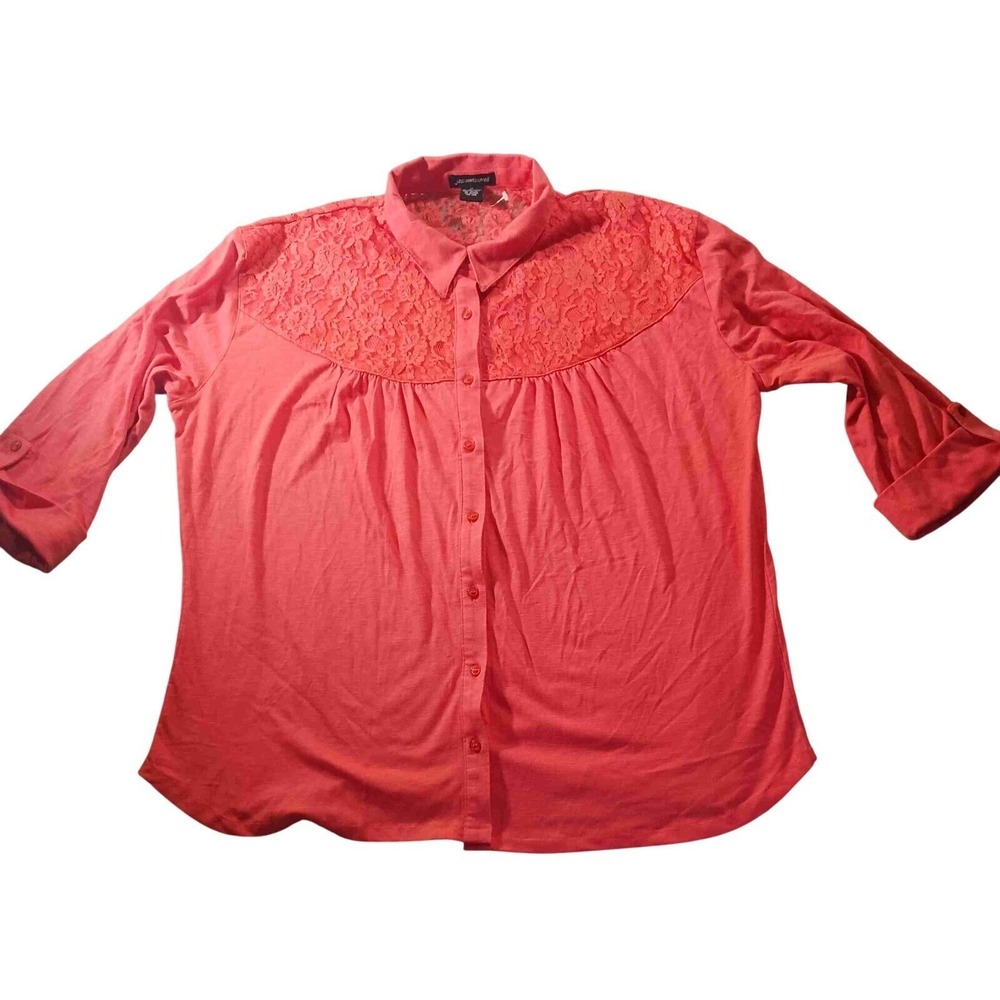 Jason Maxwell Lace Yoke Button Blouse XL Coral 3/4 Tab Sleeve Romantic Core‎